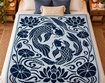 Koi Fish Serenity Overlay Mosaic Crochet Blanket Pattern PDF Lotus Pond Throw Japanese Inspired Fish Blanket