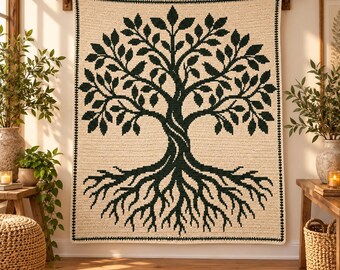 May include: A rectangular crochet wall hanging featuring a dark green tree of life design against a cream-colored background. The piece is framed by a dark green border and is suspended from a wooden rod mounted on the wall.