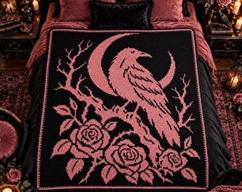 May include: A rectangular crochet blanket featuring a black background with a pink design. The pattern depicts a large raven perched on a branch in front of a crescent moon, surrounded by three blooming roses and thorny, leafless tree branches.
