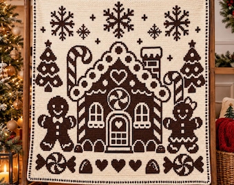 May include: A cream-colored crochet blanket featuring a dark brown pattern of a gingerbread house, two gingerbread figures, candy canes, snowflakes, pine trees, and hearts. The design is symmetrical with a repeating border along the edges.