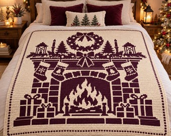 May include: A cream-colored crochet blanket featuring a dark purple graphic design of a fireplace with a roaring fire, stockings, a wreath, lanterns, and wrapped gifts. The blanket is spread across a bed with pillows and a headboard.