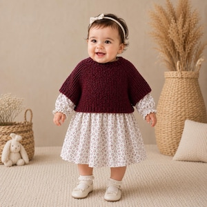 Peut inclure: Une robe pour bébé composée d'une jupe à motif floral blanc avec des manches longues et d'un pull en tricot bordeaux foncé. Le vêtement présente une encolure ronde et est assorti de chaussures blanches et d'un bandeau blanc avec un petit nœud.
