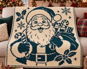May include: A cream and dark teal crochet blanket featuring a large graphic of Santa Claus holding a candy cane and a sack of gifts. The design includes holly leaves, berries, and snowflakes, finished with a decorative border pattern.