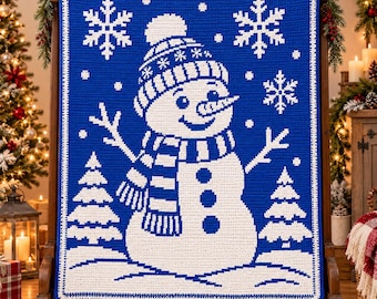 May include: A rectangular crochet blanket featuring a blue background with a white graphic of a snowman wearing a hat and scarf, surrounded by snowflakes and pine trees. The design is rendered in a pixelated style with a white border.
