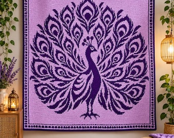 May include: A square crochet wall hanging featuring a dark purple peacock silhouette with an expansive, detailed tail feather pattern centered on a light lavender background, framed by a dark purple border with a repeating dot design.