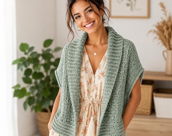 Women's Crochet Cardigan Pattern PDF Oversized Crochet Vest Pattern Boho Crochet Shrug Chunky Cardigan XS–5XL