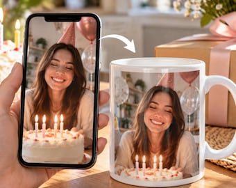 Custom Photo Birthday Mug, Personalized Ceramic Coffee Cup (11oz)