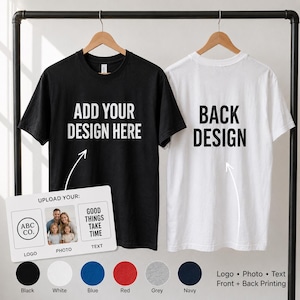 May include: A black t-shirt with white text reading ADD YOUR DESIGN HERE and a white t-shirt with black text reading BACK DESIGN, both on hangers. A rectangular instruction card shows options for uploading a logo, photo, and text.