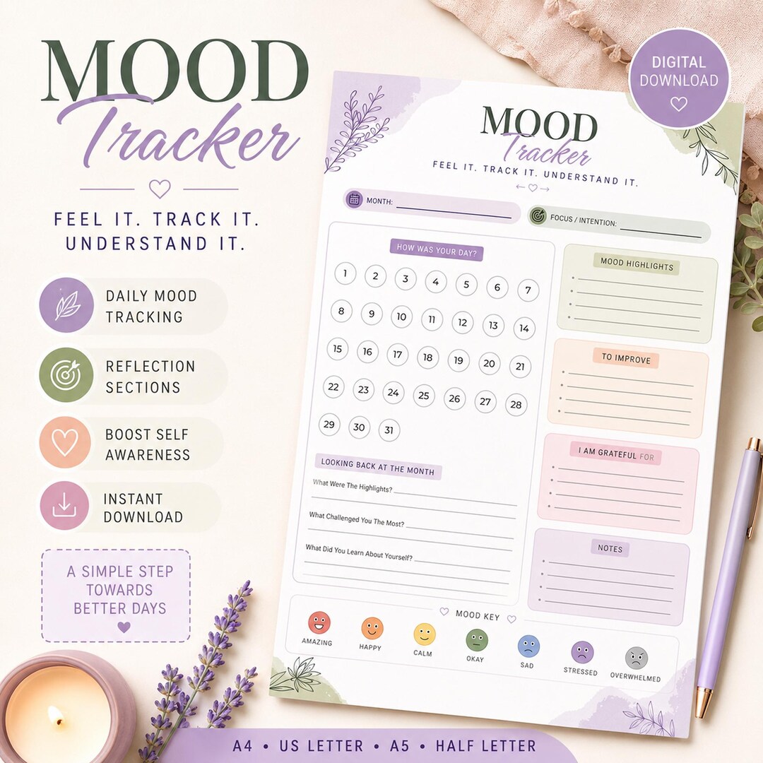 Mood Tracker Printable, Self Care Journal (digital Download) - Etsy