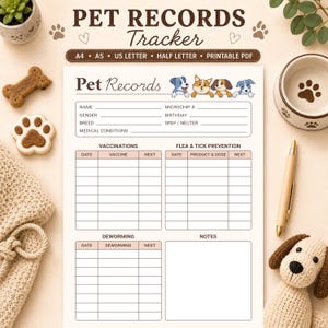 May include: A printable Pet Records Tracker document featuring sections for name, gender, breed, medical conditions, microchip number, birthday, and spay/neuter status. It includes tables for vaccinations, flea and tick prevention, deworming, and notes.