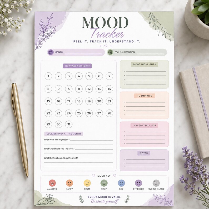 Mood Tracker Printable, Self Care Journal (digital Download) - Etsy