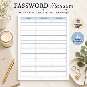 Op de afbeelding: Een printbare wachtwoordbeheerder-sjabloon met een tabel met kolommen voor website, gebruikersnaam en wachtwoord. De koptekst luidt PASSWORD Manager en vermeldt A4, A5, US LETTER, HALF LETTER en IPAD SIZE. Bevat iconen voor printbare PDF en directe download.