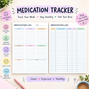 May include: A printable medication tracker log featuring two distinct page layouts with pastel-coloured headers. The text reads Medication Tracker, Track Your Meds, Stay Healthy, Feel Your Best, Stay On Track Every Day, and Simple Organized Healthy.