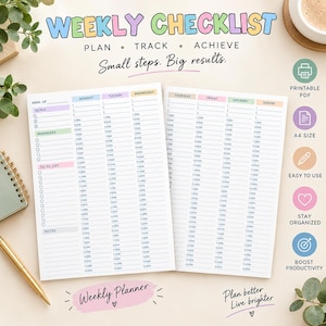 May include: A weekly planner printable PDF with two pages showing Monday through Sunday columns, hourly time slots from 5:00 AM to 10:30 PM, and sections for goals, reminders, to-do lists, and notes. The text reads Weekly Checklist, Plan, Track, Achieve.