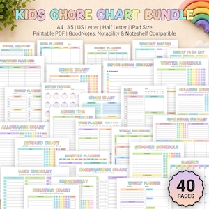 Peut inclure: Un ensemble de tableaux de corvées pour enfants comprenant 40 pages imprimables avec des en-têtes et des grilles aux tons pastel. Le texte inclut Kids Chore Chart Bundle, A4, A5, US Letter, Half Letter, iPad Size, Printable PDF, GoodNotes, Notability.