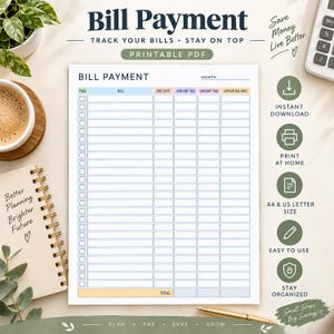 Op de afbeelding: Een printbaar formulier voor het bijhouden van rekeningen met kolommen voor betaalstatus, factuurnaam, vervaldatum, verschuldigd bedrag, betaald bedrag en openstaand saldo. Het document bevat een koptekst met de tekst Bill Payment.