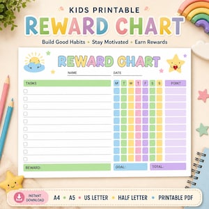 May include: A kids printable reward chart featuring a colorful header with the text REWARD CHART, a sun and star illustration, and a grid for tracking tasks, days of the week, and points. The document includes fields for name, date, reward, goal, and total.