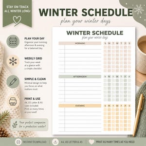 May include: A printable winter schedule planner page featuring sections for morning, afternoon, and evening. The layout includes a weekly grid with columns for days of the week, coloured in soft beige, sage green, and yellow tones on a white background.