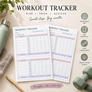 Puede incluir: Una plantilla de seguimiento de ejercicios con dos hojas blancas que incluyen columnas para ejercicio, series, repeticiones, cardio, tiempo, ritmo, frecuencia cardíaca y calorías. El texto dice WORKOUT TRACKER, PLAN, TRACK, ACHIEVE, Small steps. Big results.