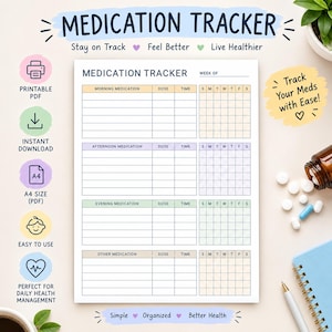 May include: A printable medication tracker document featuring sections for morning, afternoon, evening, and other medications with columns for dose, time, and a weekly grid. The page includes the text Medication Tracker and Stay on Track Feel Better Live Healthier.