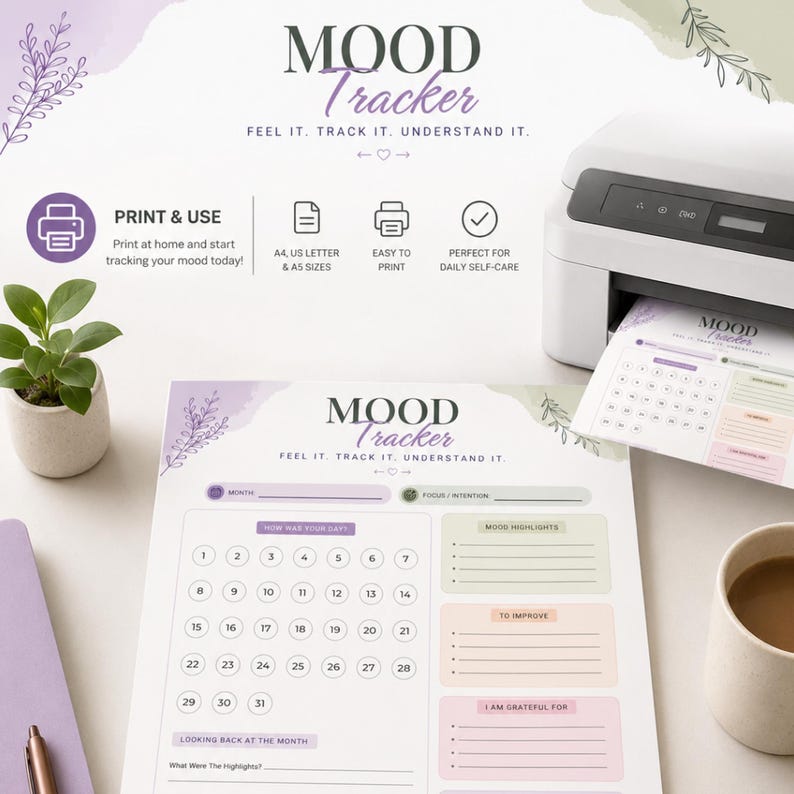 Mood Tracker Printable, Self Care Journal (digital Download) - Etsy