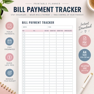 May include: A printable bill payment tracker planner page featuring columns for month, year, paid status, bill name, due date, amount due, amount paid, and unpaid balance. The document includes text headers and a grid layout for financial tracking.