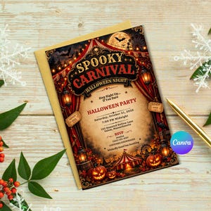 Invitación de Halloween Carnaval Espeluznante, Invitación Fiesta Carnaval Halloween, Fiesta Carnaval Halloween Divertida Plantilla Canva