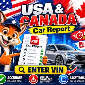 Peut inclure: Un service de rapport de véhicule pour les États-Unis et le Canada avec une mascotte de renard en sweat à capuche bleu. L'image montre une berline argentée, un document PDF avec des coches et un bouton jaune marqué ENTER VIN.