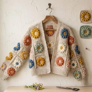 Crochet Flower Granny Square Cardigan Pattern | Puff Stitch Patchwork Jacket PDF Guide