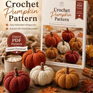 Puede incluir: Un patrón de ganchillo digital en PDF para calabazas de HH Craft con instrucciones para amigurumi. La portada muestra varias calabazas tejidas en naranja, blanco y rojo, junto al texto Digital PDF Pattern e Instant Download.