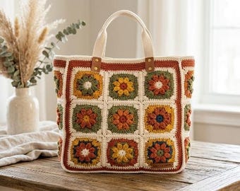 Torba na ramię w stylu boho z szydełkiem, kwadratowa torebka w kształcie słonecznika, torebka na ramię w stylu retro z kwiatowym wzorem