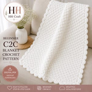 Könnte beinhalten: Eine weiße gehäkelte Decke mit einem strukturierten Diagonal-Muster und einem dekorativen Muschelrand. Der Text auf dem Bild lautet HH Craft, Beginner C2C Blanket Crochet Pattern und Digital PDF Instant Download.