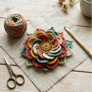 Wzór na szydełkowy kwiat 3D z warstwami, mandala do powieszenia na ścianie w formacie PDF, dekoracja boho z dzikimi kwiatami