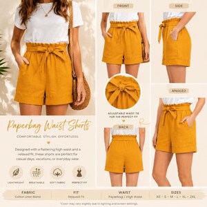 May include: Mustard yellow paperbag waist shorts featuring a high-rise fit, a self-tie fabric belt, and side pockets. The design includes a gathered elastic waistband, cuffed hems, and a relaxed silhouette shown from front, side, back, and angled views.