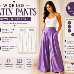 Patrón de costura para pantalones anchos de satén / Descarga digital en PDF para mujer (M-5XL)