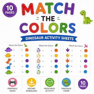 Könnte beinhalten: Ein Set aus 10 Dinosaurier-Aktivitätsblättern mit dem Titel MATCH THE COLORS. Die Seiten enthalten Zuordnungsübungen mit bunten Dinosauriern, gemusterten Eiern und Fußabdrücken. Symbole zeigen druckbare Seiten und Sofort-Download an.