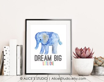 Lámina decorativa infantil de elefante en acuarela • Decoración "Sueña en grande" • Lámina o impresión digital