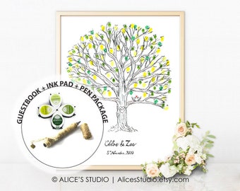 Guestbook Ink Pad Pen Package - Custom Hand Drawn Wedding Guest book Fingerprint Tree - Rustic Wedding - Original Art