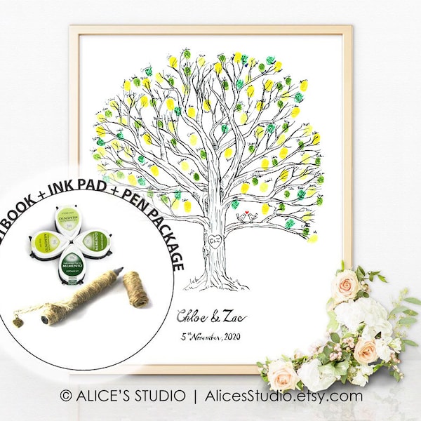 Guestbook Ink Pad Pen Package - Custom Hand Drawn Wedding Guest book Fingerprint Tree - Rustic Wedding - Original Art