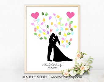 Kissing Wedding Couple Silhouette - Personalised Wedding Guest Book Alternative - Fingerprint GuestBook - Art Print or Digital Printable