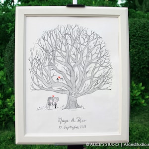 Alternativa al libro de visitas de boda - Retrato personalizado de pareja de bodas dibujado a mano y árbol de huellas dactilares - Árbol genealógico - Roble - Arte original