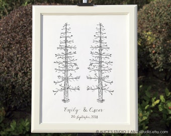 Hand-Drawn Pine Tree Wedding Guest Book Alternative • Unique Original Art • Rustic Guest Book • Family Tree • Wedding Keepsake