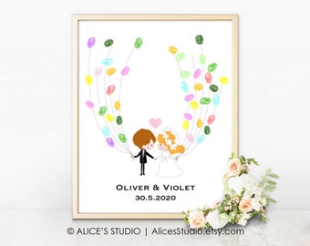 Wedding Couple Portrait Guest Book  - Personalised GuestBook Alternative - Fingerprint Balloon Signatures - Art Print or Digital Printable