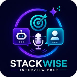 May include: A neon-style graphic logo on a dark background featuring a central microphone icon flanked by a robot icon and a person icon within speech bubbles, topped with a target symbol. The text STACKWISE INTERVIEW PREP appears below.