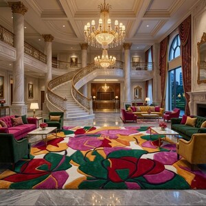 May include: A large rectangular area rug featuring a bold, abstract floral pattern in vibrant shades of magenta, deep red, forest green, and golden yellow on a white background, positioned in a grand lobby with marble floors and a curved staircase.