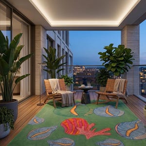 May include: A rectangular area rug featuring a vibrant green background with a repeating pattern of stylized seashells in shades of blue, orange, and pink, placed on a wooden balcony floor between two wooden chairs and a small round table.