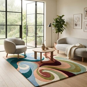 May include: A rectangular area rug featuring a multi-colored abstract pattern of swirling, layered waves in shades of teal, deep burgundy, sage green, soft peach, and cream, with a textured, tufted surface covering the floor in a living space.