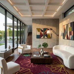 May include: A living room featuring a deep burgundy area rug with geometric yellow and blue fan patterns, a dark wood coffee table, a curved white sofa, two white armchairs, and abstract wall art on concrete walls under a coffered ceiling.