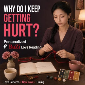 Könnte beinhalten: Eine Werbeanzeige für eine personalisierte BaZi-Liebeslesung mit dem Text WHY DO I KEEP GETTING HURT? sowie Love Patterns, New Love, Timing. Eine Person knotet eine rote Schnur neben einem offenen Buch mit Diagramm, Yin-Yang-Anhänger und bunten Steinen.