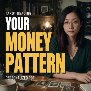 May include: A tarot reading service titled YOUR MONEY PATTERN, delivered as a personalized PDF. The image features text overlays on a dark background with a person wearing glasses and a green shirt, sitting at a wooden table with tarot cards.